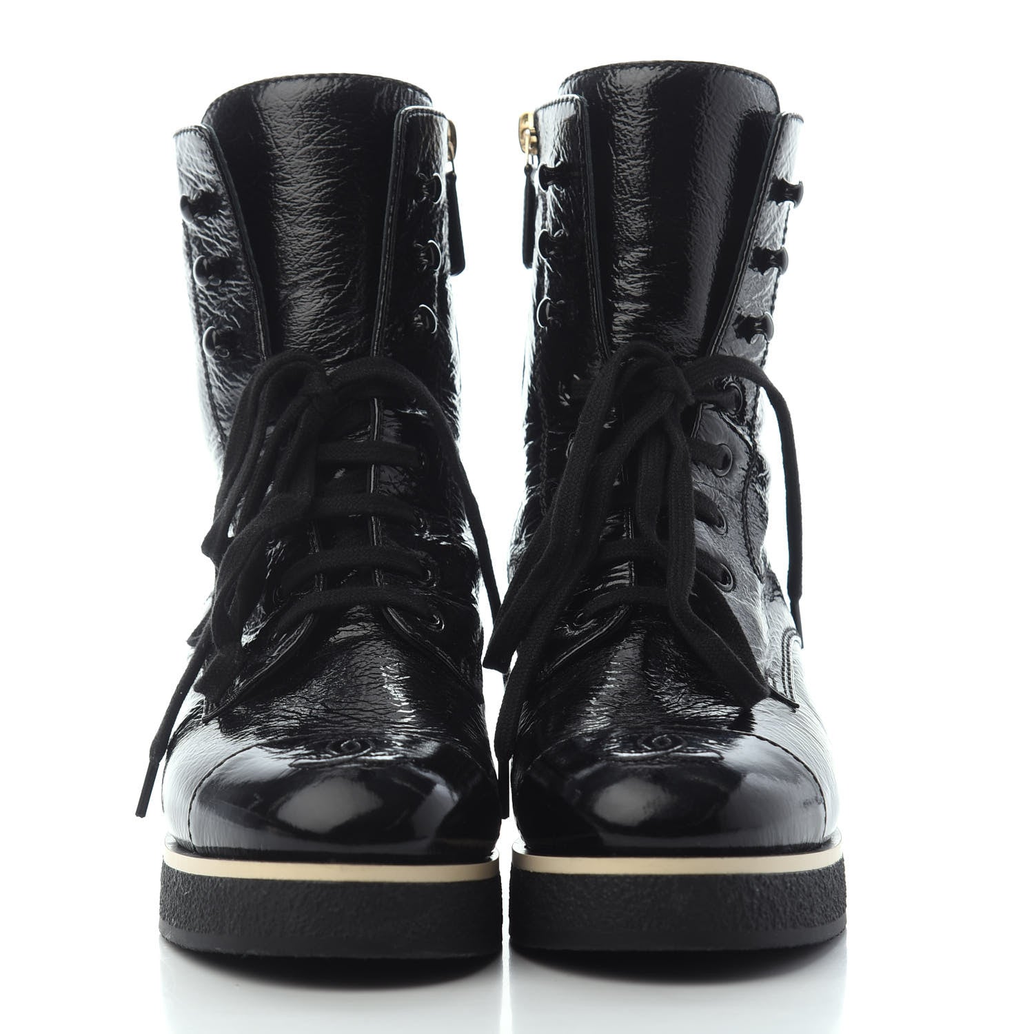 Chanel Shiny Crumpled Lambskin Lace Up Combat Boots 38 Black 2 of 4