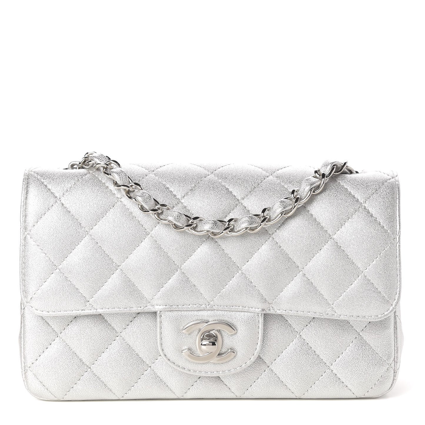 Metallic Lambskin Quilted Mini Rectangular Flap Silver