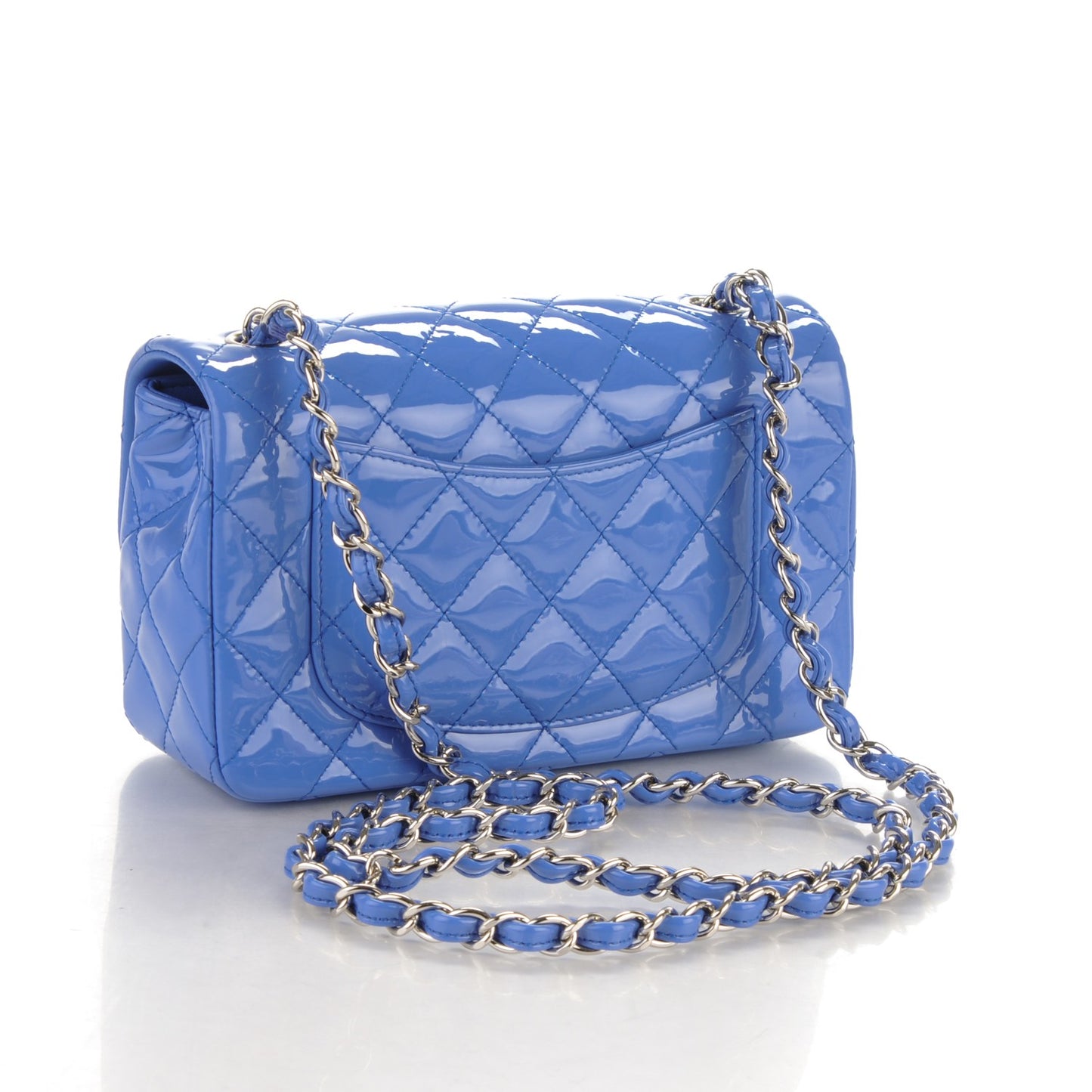 Patent Calfskin Quilted Mini Rectangular Flap Blue