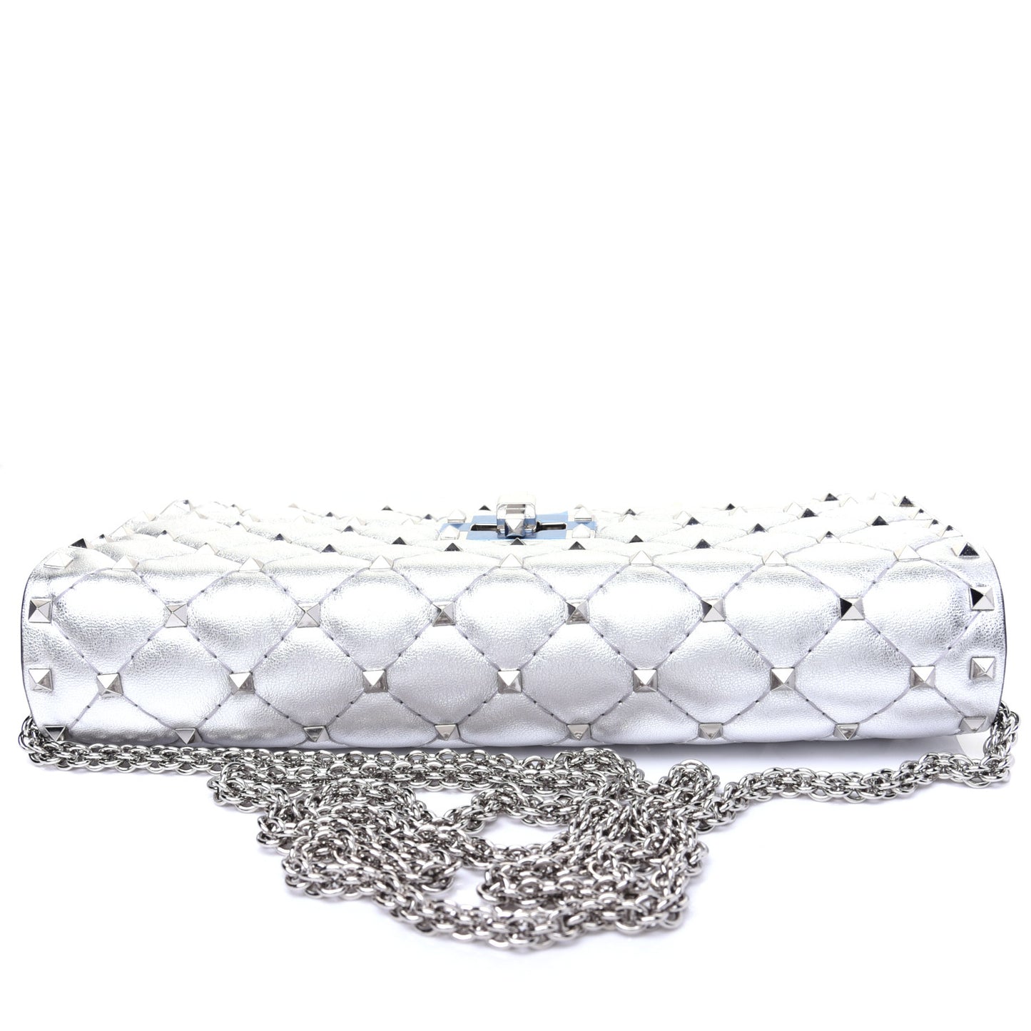 Metallic Lambskin Rockstud Spike Wallet on Chain Silver