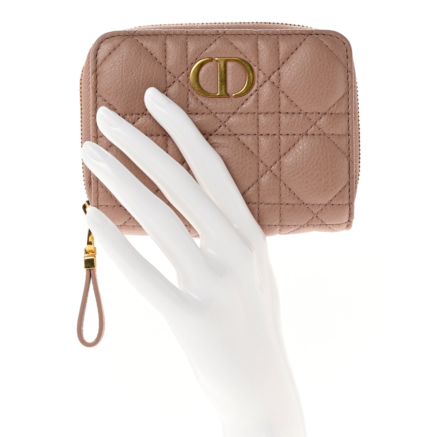 Grained Calfskin Supple Cannage Caro Scarlet Zipped Wallet Rose Des Vents