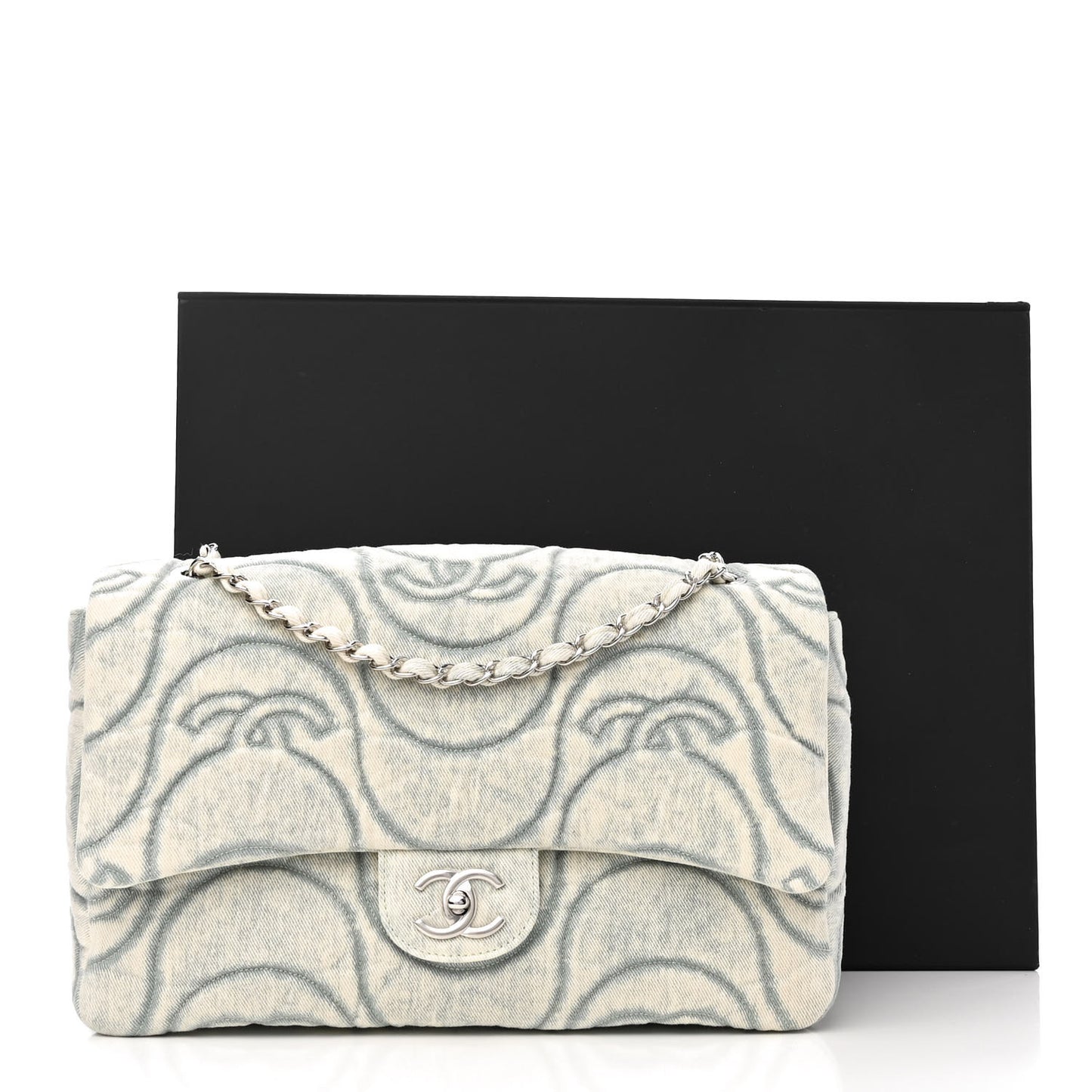 Denim Embossed CC Logo Print Jumbo Single Flap Blue