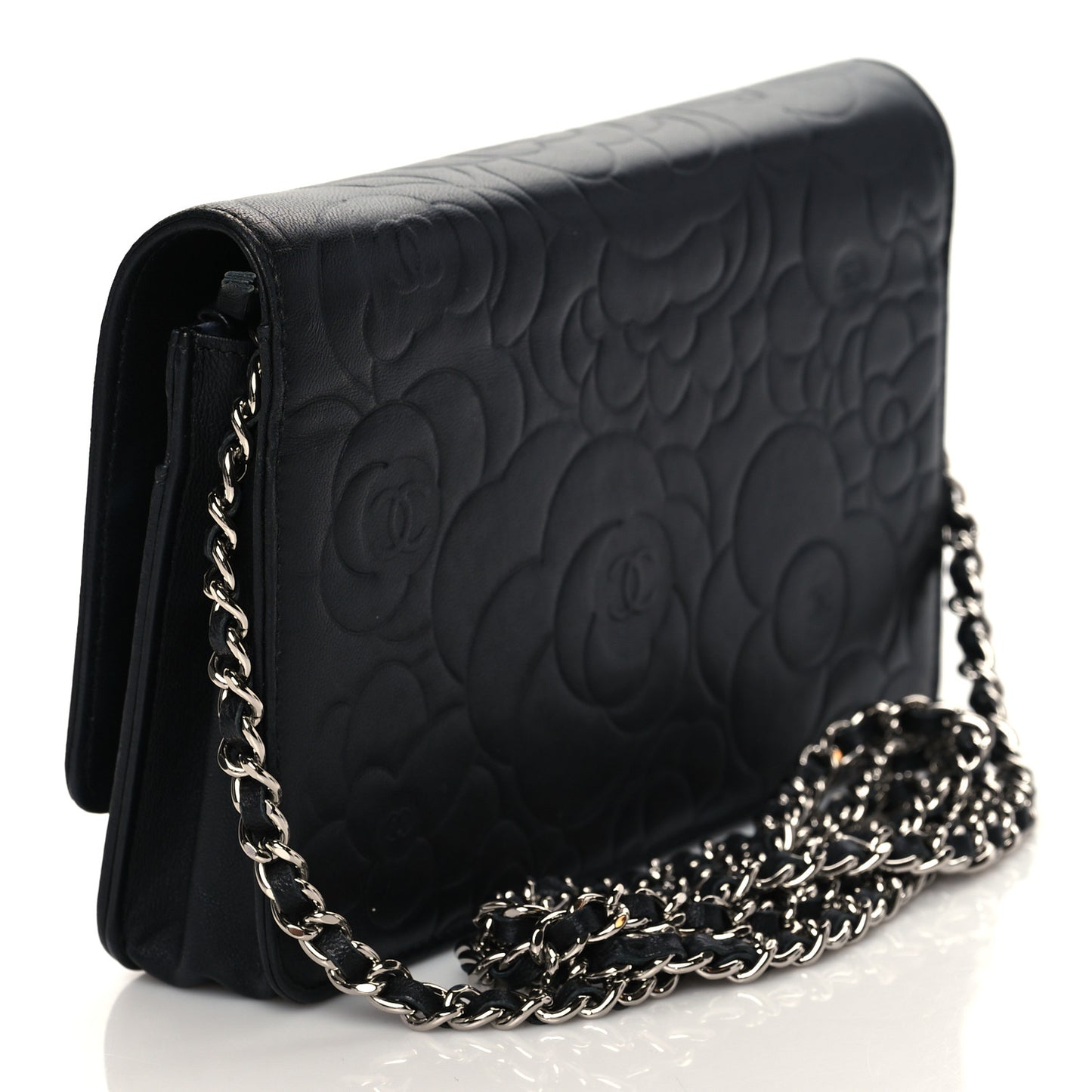 Lambskin Camellia Embossed Wallet on Chain WOC Black
