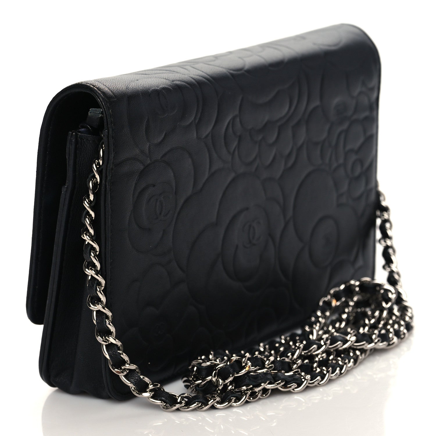 Chanel Lambskin Camellia Embossed Wallet on Chain WOC Black 3 of 11