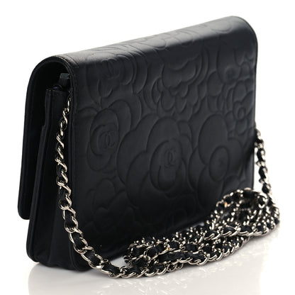 Chanel Lambskin Camellia Embossed Wallet on Chain WOC Black 3 of 11