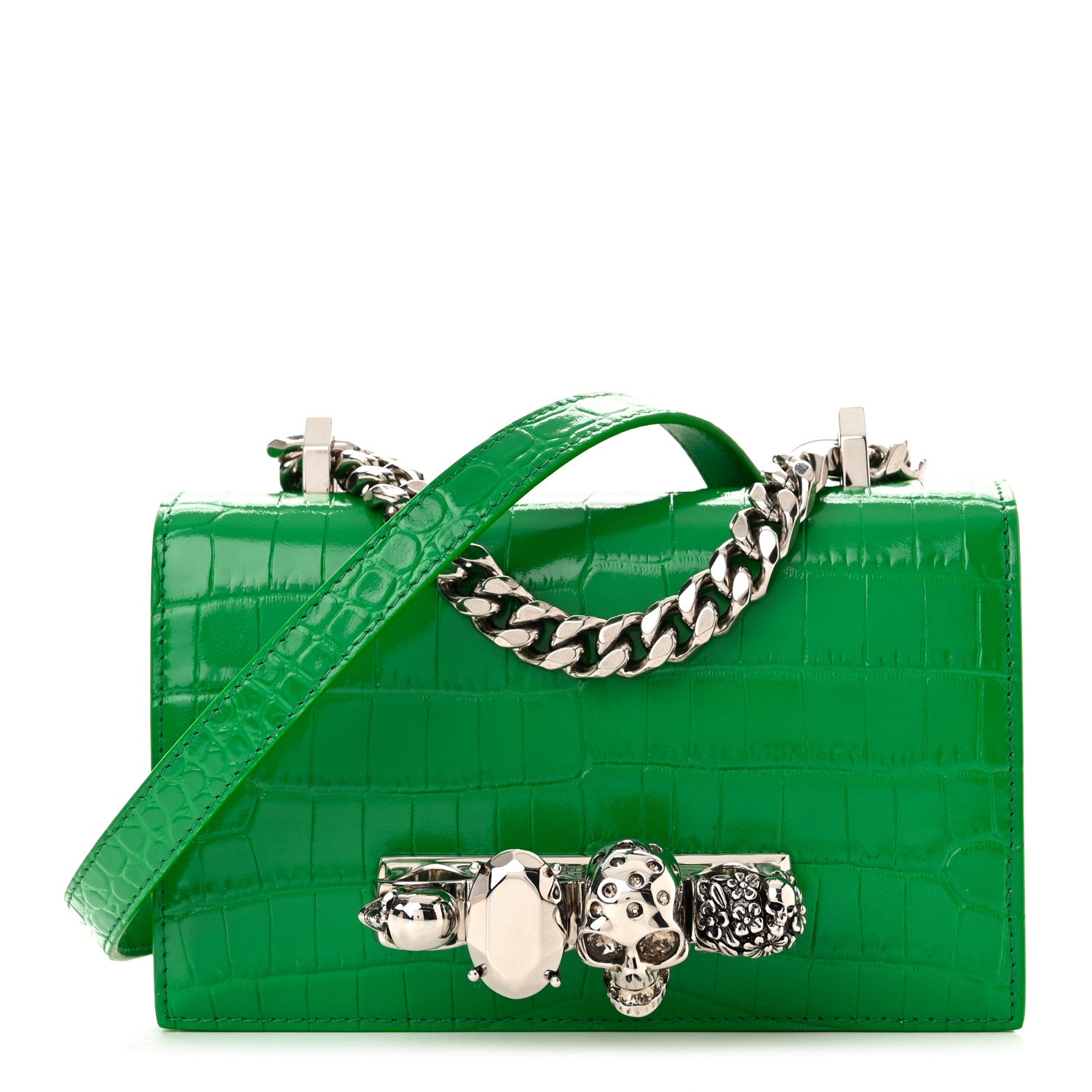 Alexander McQueen Calfskin Crocodile Embossed Knuckle Shoulder Bag Green 1 of 10