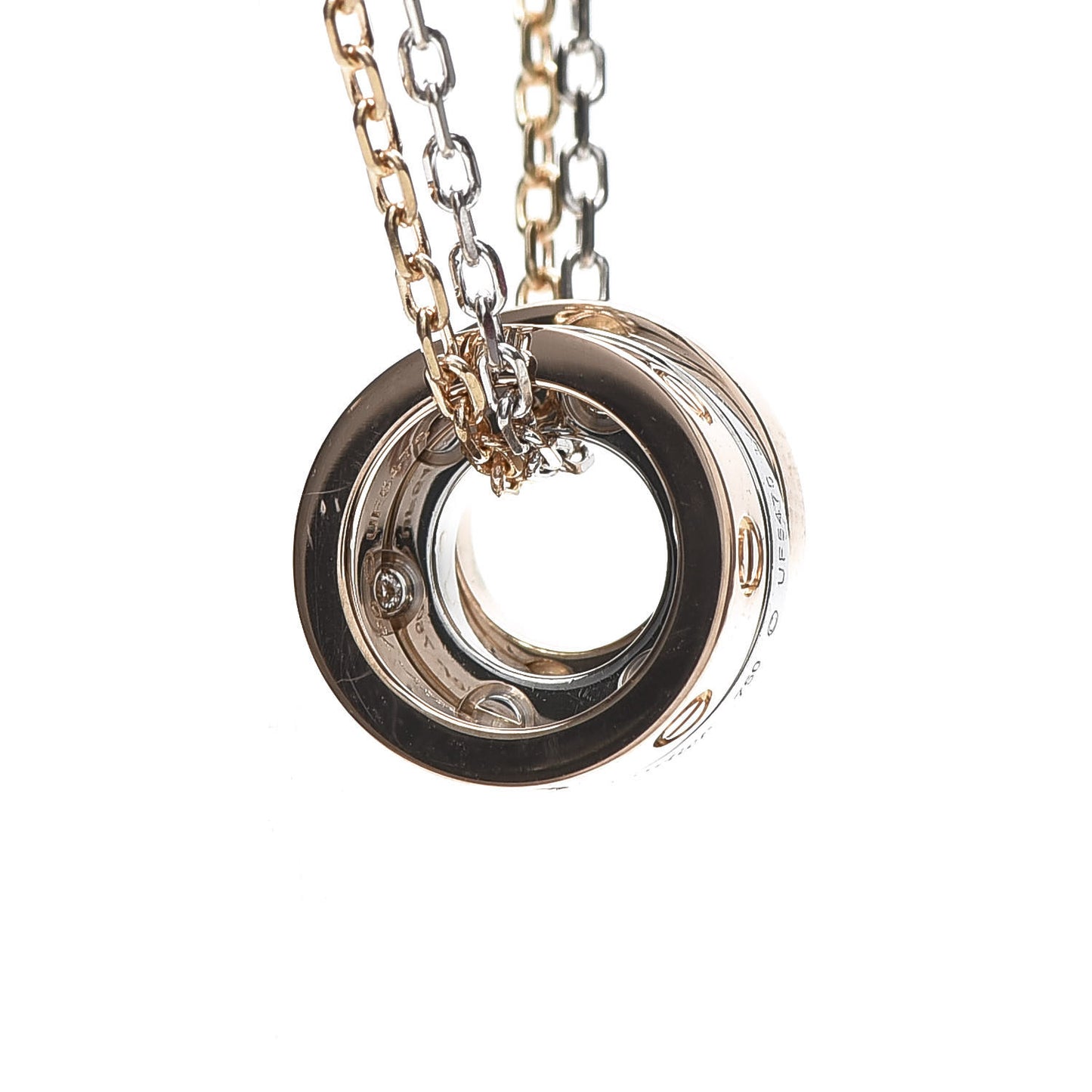 18K White Pink Gold Diamond Three Ring LOVE Pendant Necklace