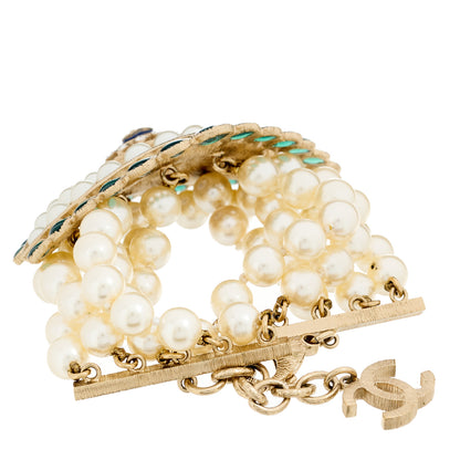 Chanel Pearl Crystal CC Eye Bracelet Gold White 2 of 4
