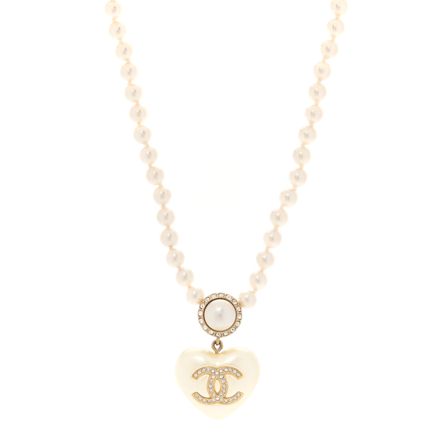 Pearl Crystal CC Heart Short Necklace Pearly White Gold