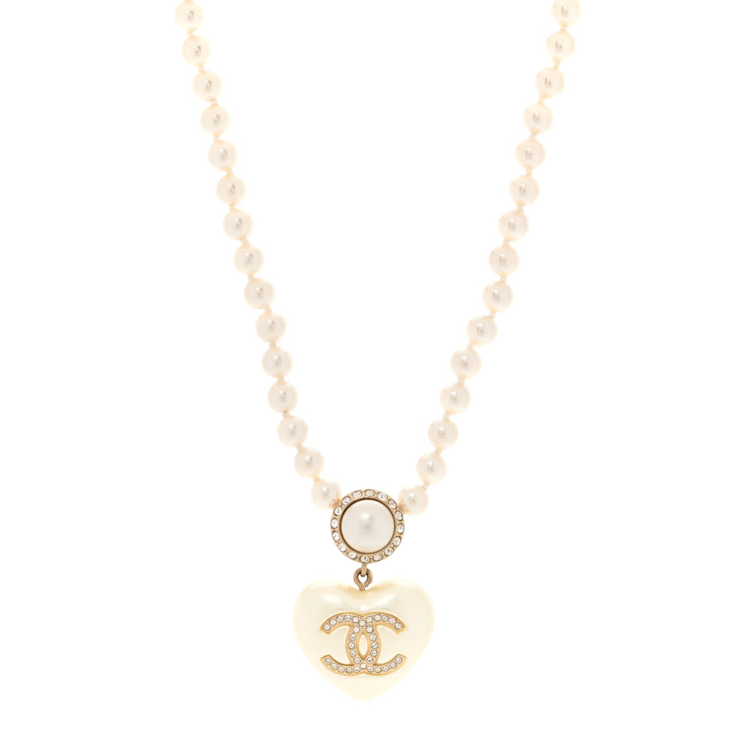 Chanel Pearl Crystal CC Heart Short Necklace Pearly White Gold 1 of 4