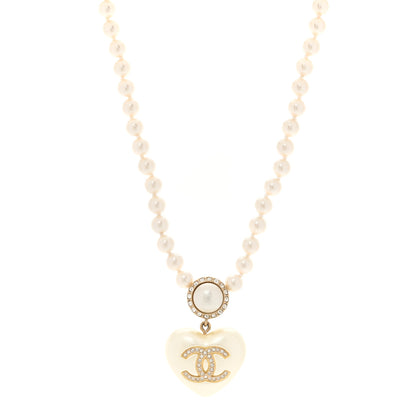 Chanel Pearl Crystal CC Heart Short Necklace Pearly White Gold 1 of 4
