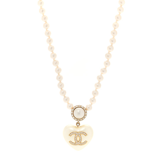 Pearl Crystal CC Heart Short Necklace Pearly White Gold