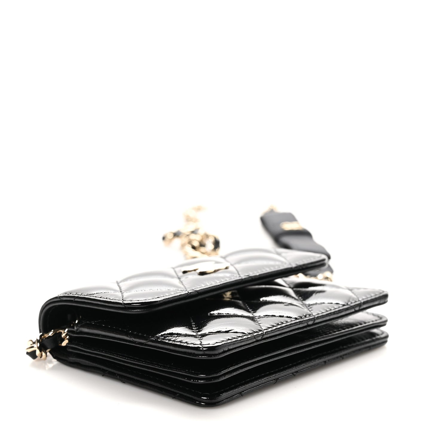 Shiny Lambskin Quilted Small Clutch With Chain Black