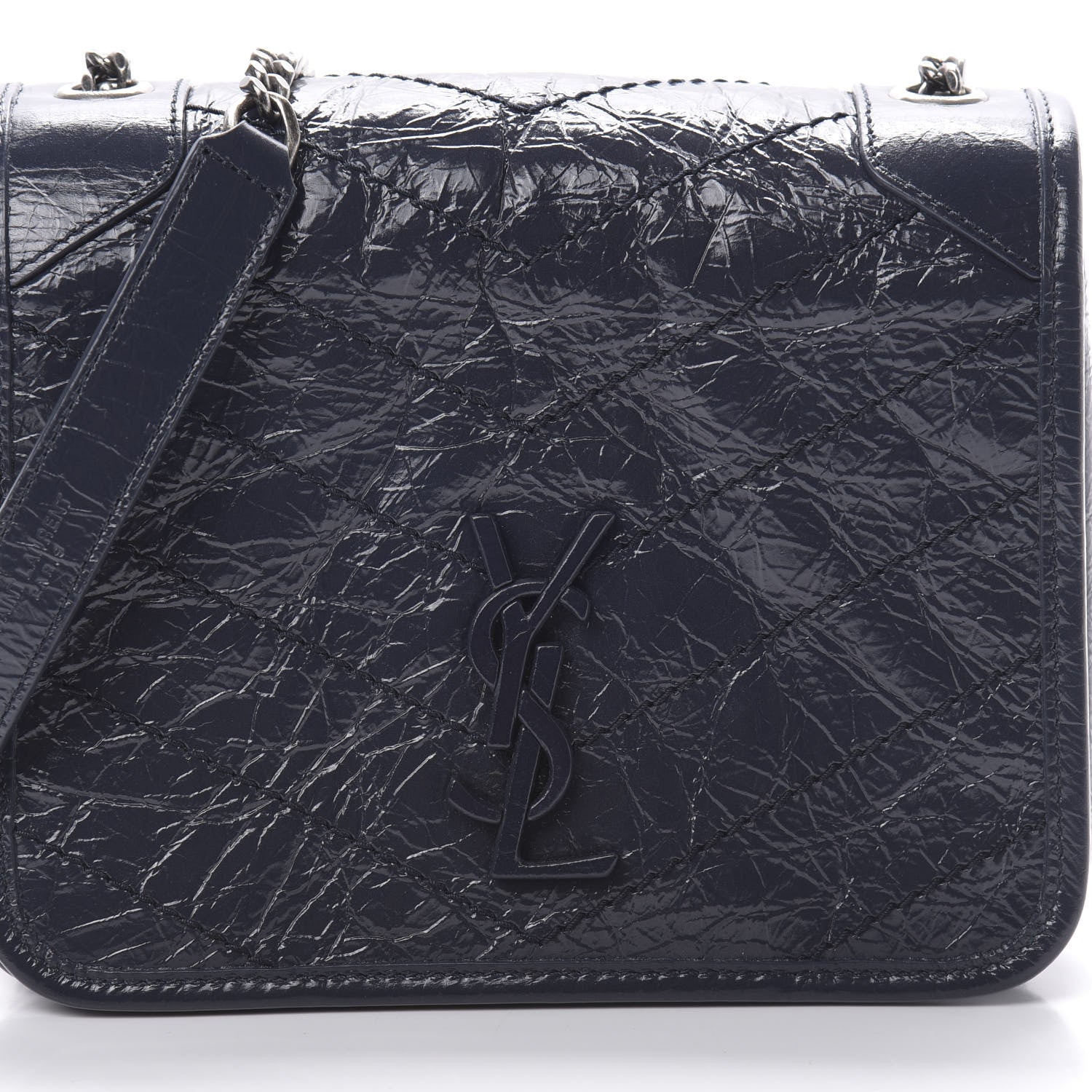 Saint Laurent Crinkled Calfskin Matelasse Monogram Niki Chain Wallet Deep Marine 8 of 12