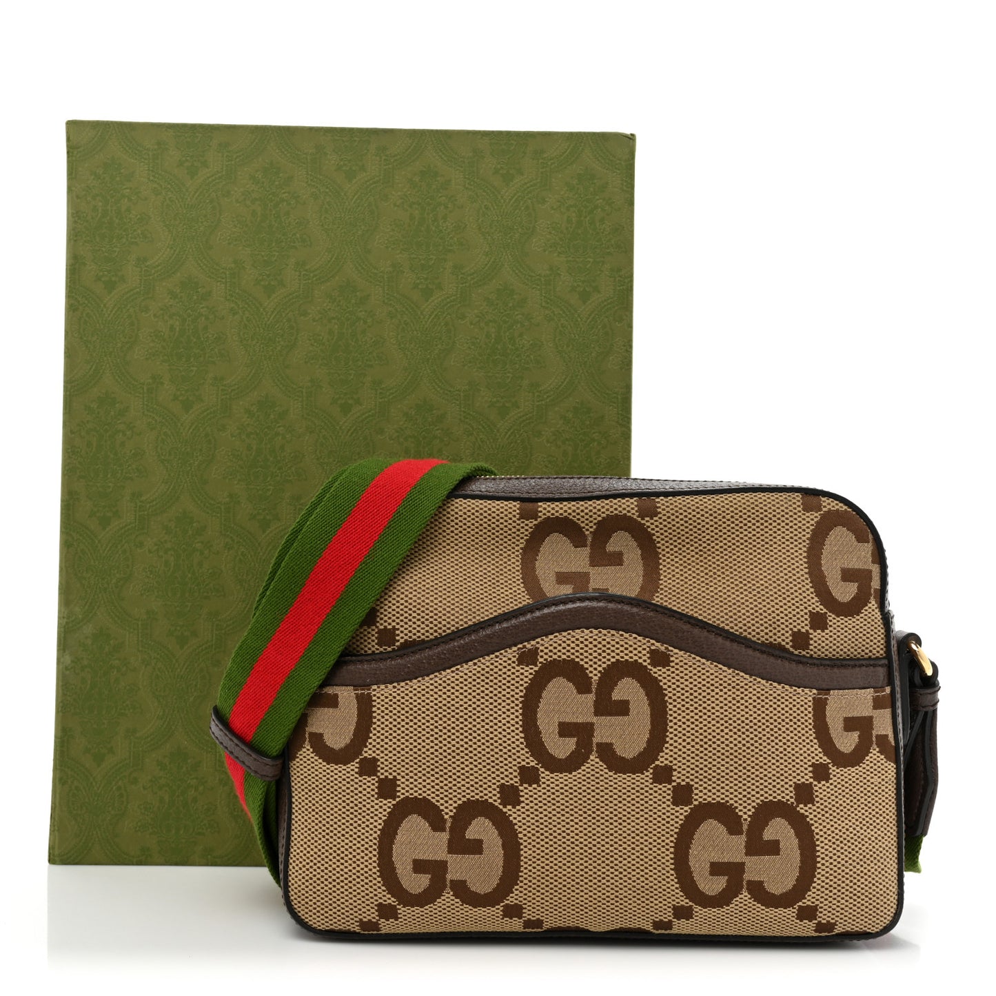 Monogram Jumbo GG Textured Dollar Calfskin Web Messenger Shoulder Bag Camel Ebony New Acero