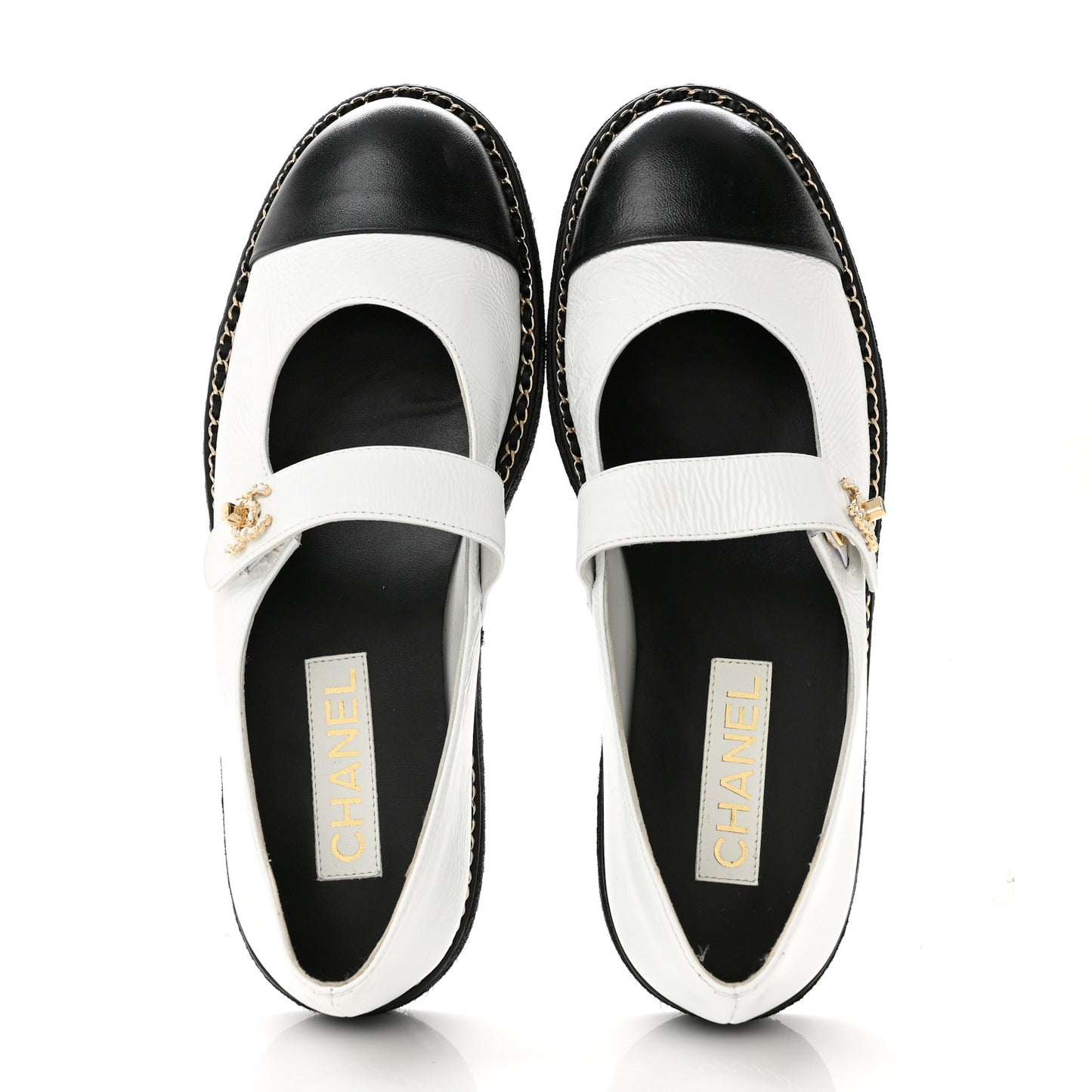 Crumpled Lambskin Cap Toe Chain CC Turnlock Mary Jane Flats 40 White Black
