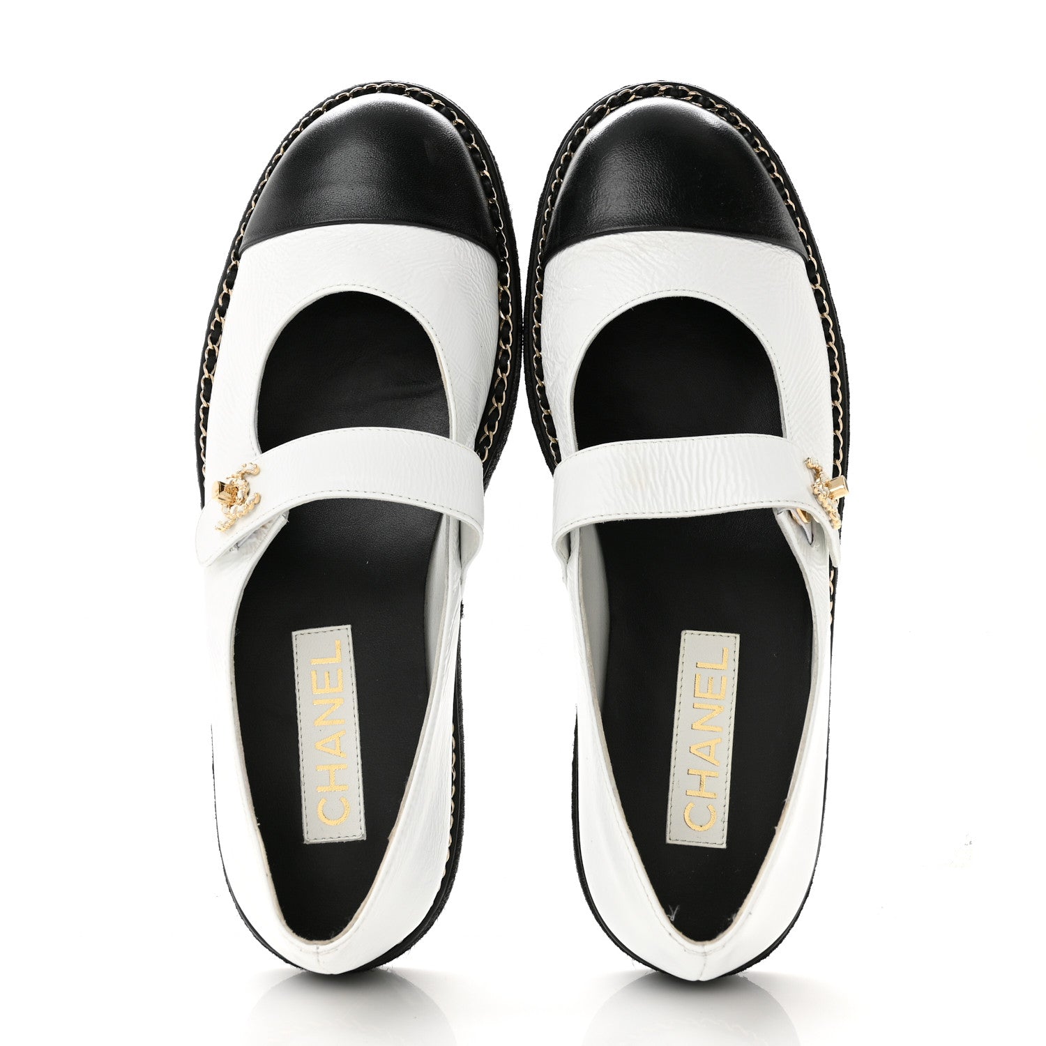Chanel Crumpled Lambskin Cap Toe Chain CC Turnlock Mary Jane Flats 40 White Black 2 of 12