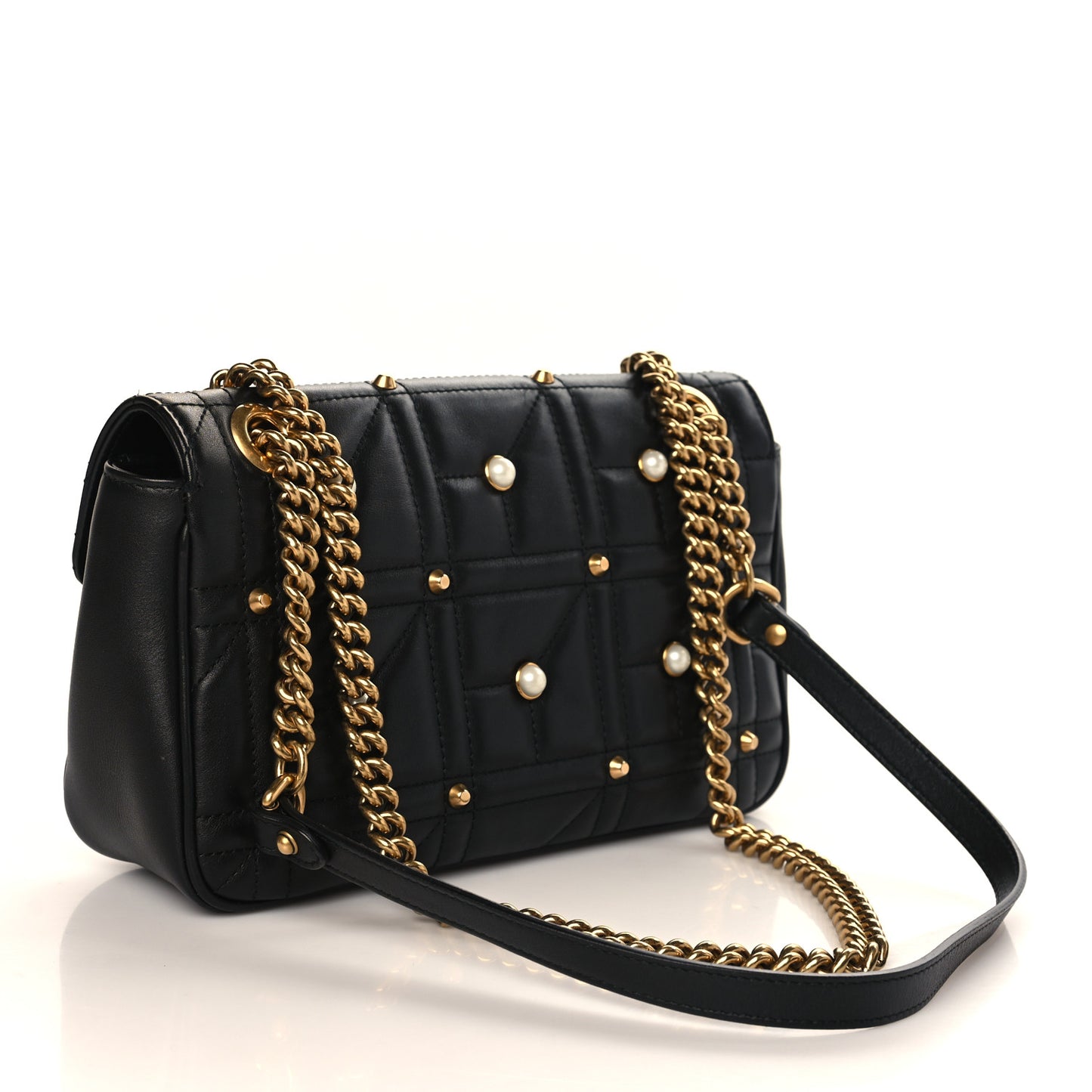 Calfskin Matelasse Studded Small Pearly GG Marmont Shoulder Bag Black
