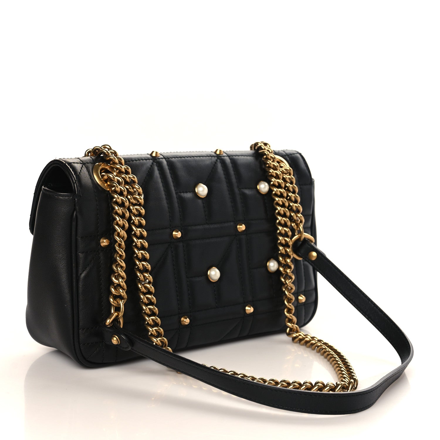 Gucci Calfskin Matelasse Studded Small Pearly GG Marmont Shoulder Bag Black 3 of 9