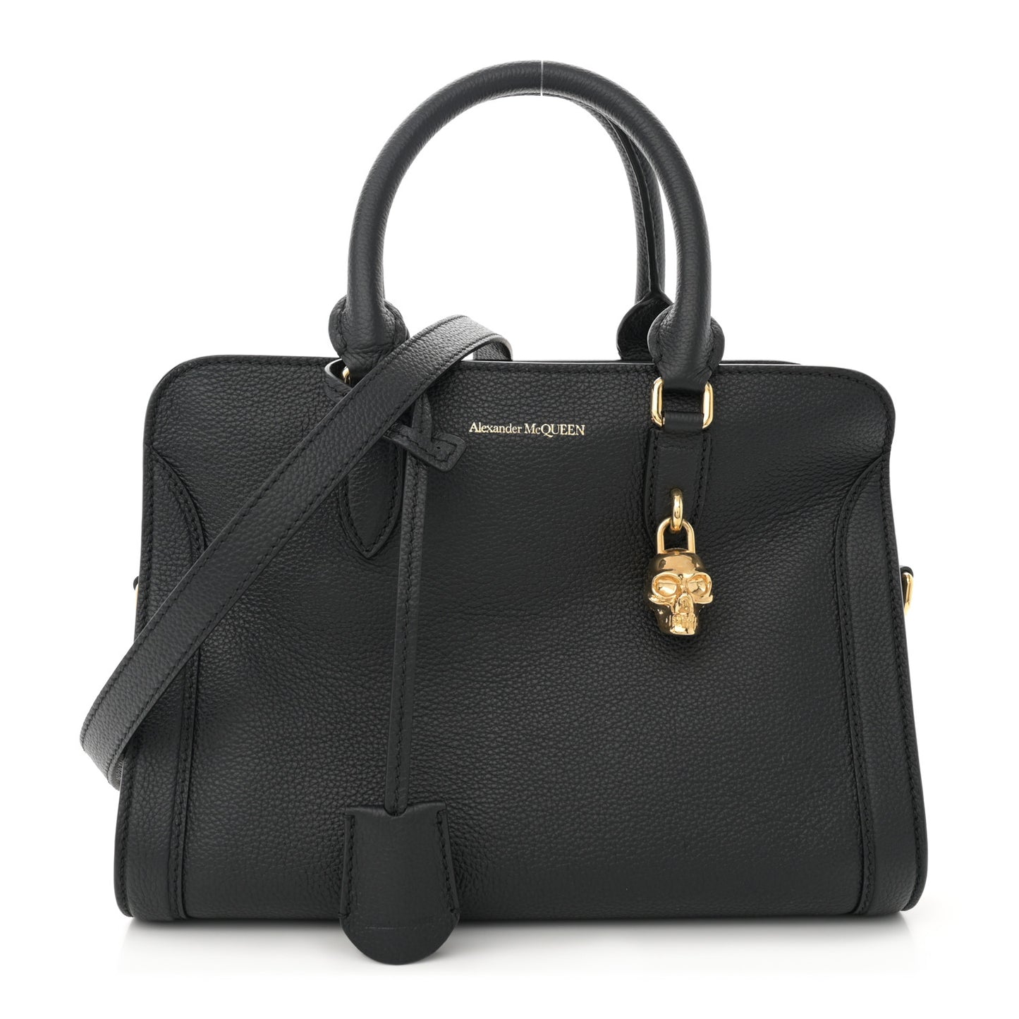 Pebbled Calfskin Small Skull Padlock Zip Around Tote Black
