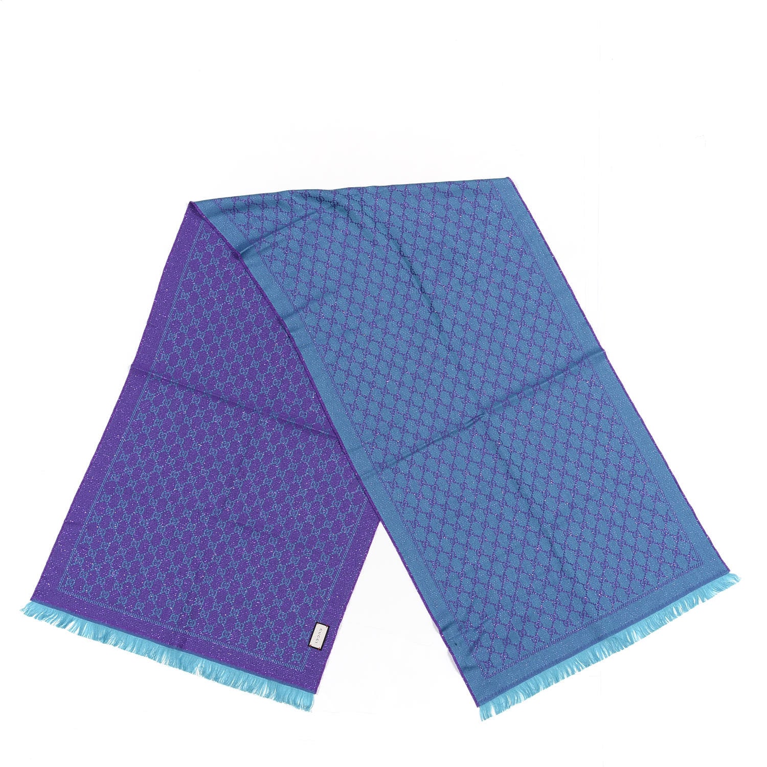 Gucci Wool Lame Jacquard GG Monogram Stenlux Scarf Turquoise Blue Dark Purple 2 of 4