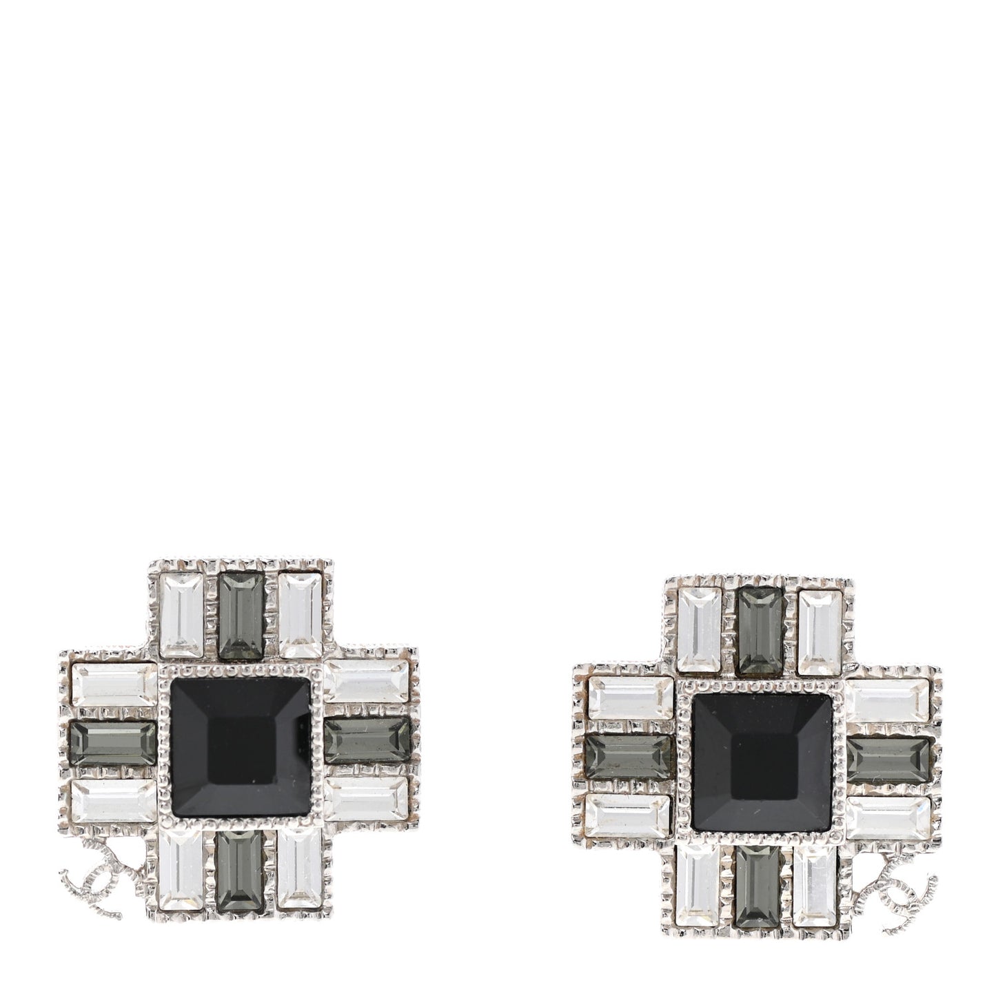 Baguette Crystal CC Earrings Silver Black