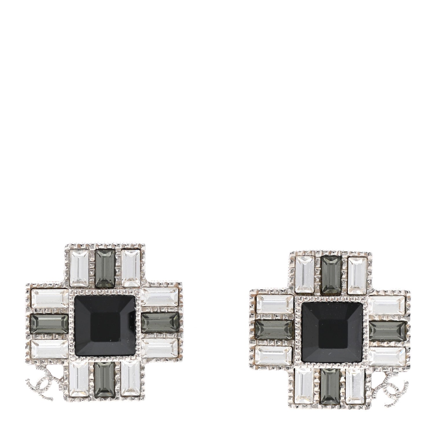 Chanel Baguette Crystal CC Earrings Silver Black 1 of 5