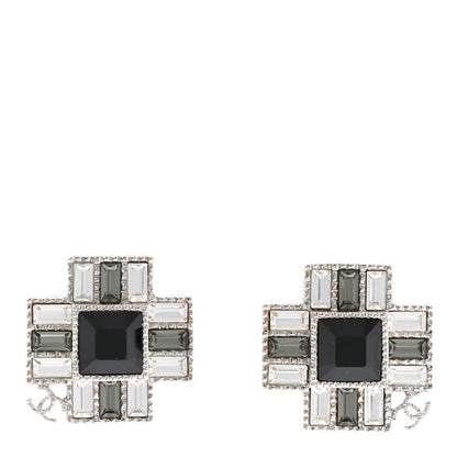 Chanel Baguette Crystal CC Earrings Silver Black 1 of 5