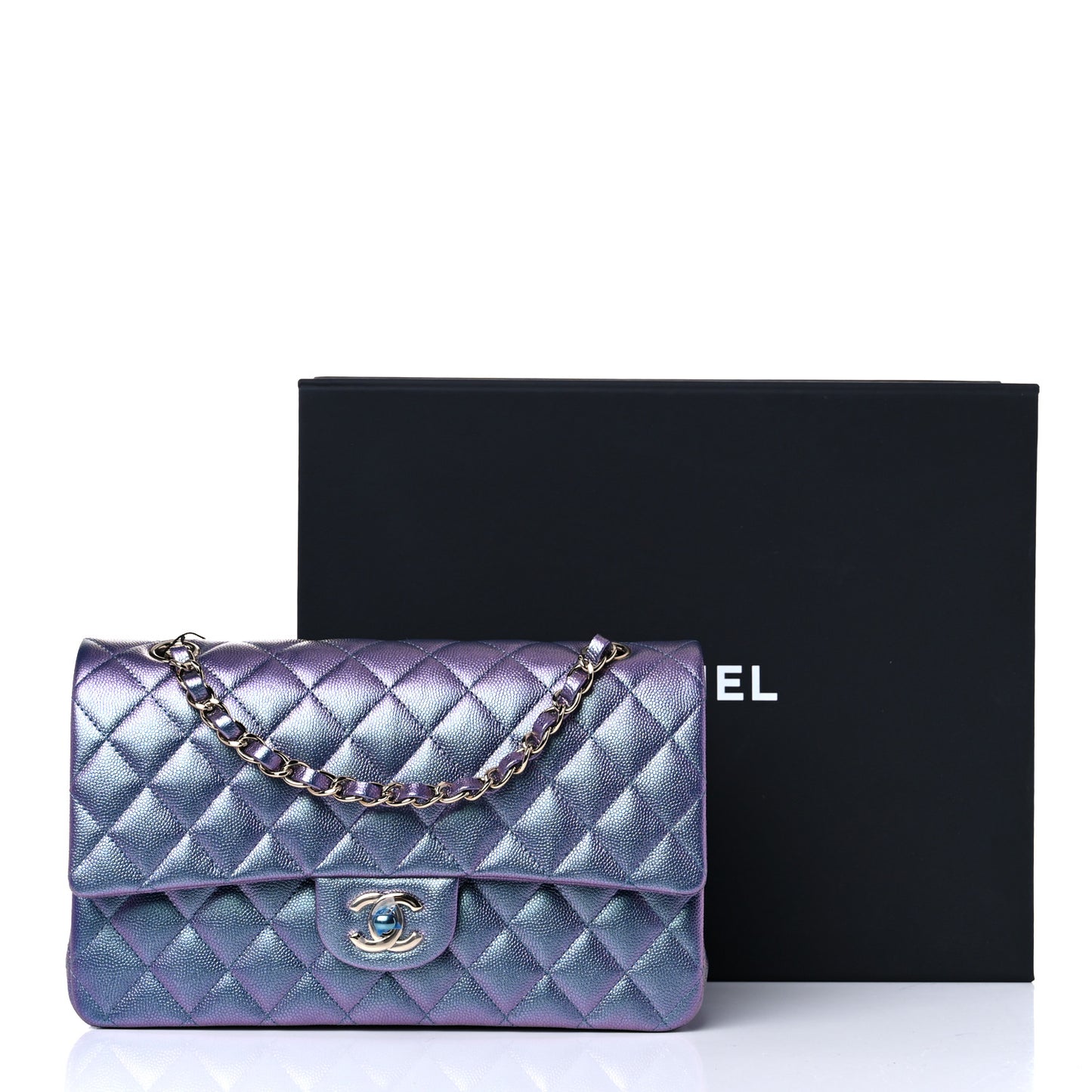 Iridescent Caviar Quilted Medium Double Flap Dark Blue
