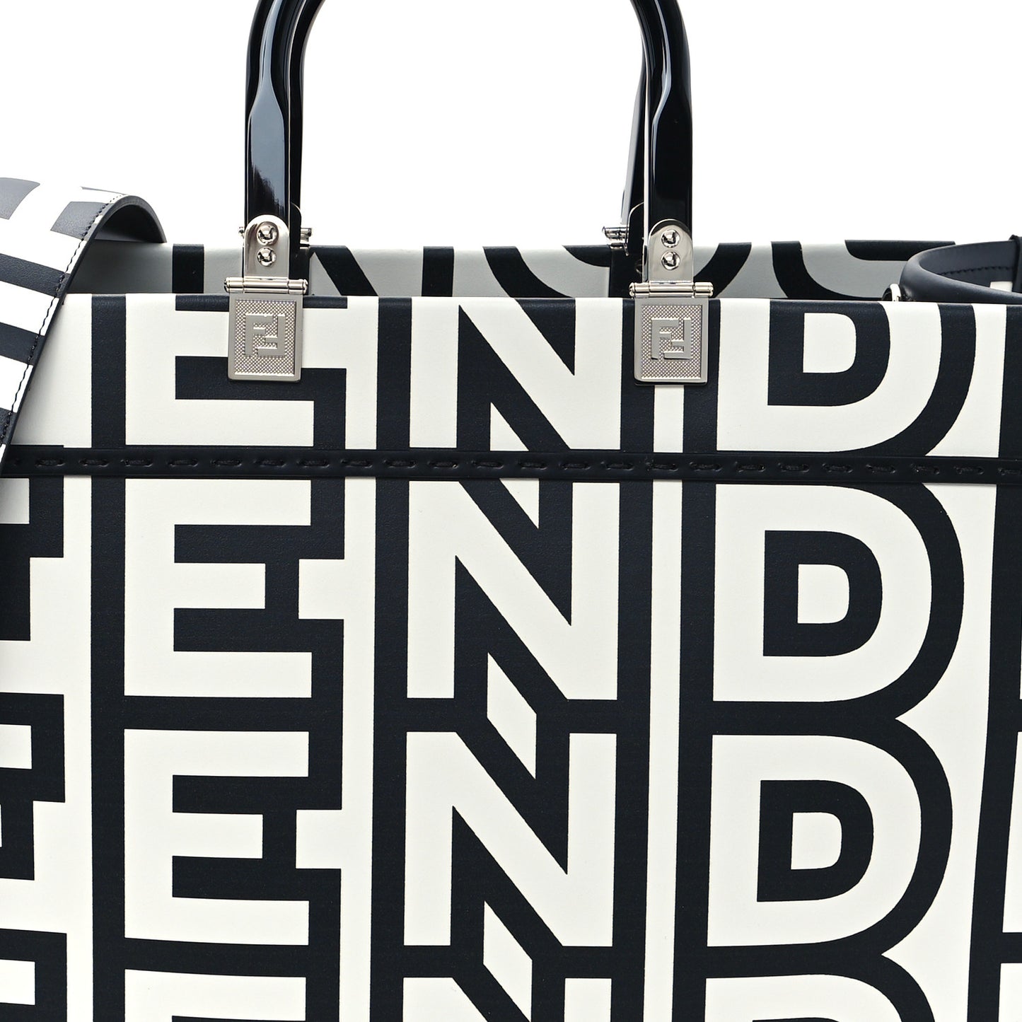 X MARC JACOBS Vitello King Logo Print Medium Fendi Sunshine Shopper Tote Black White