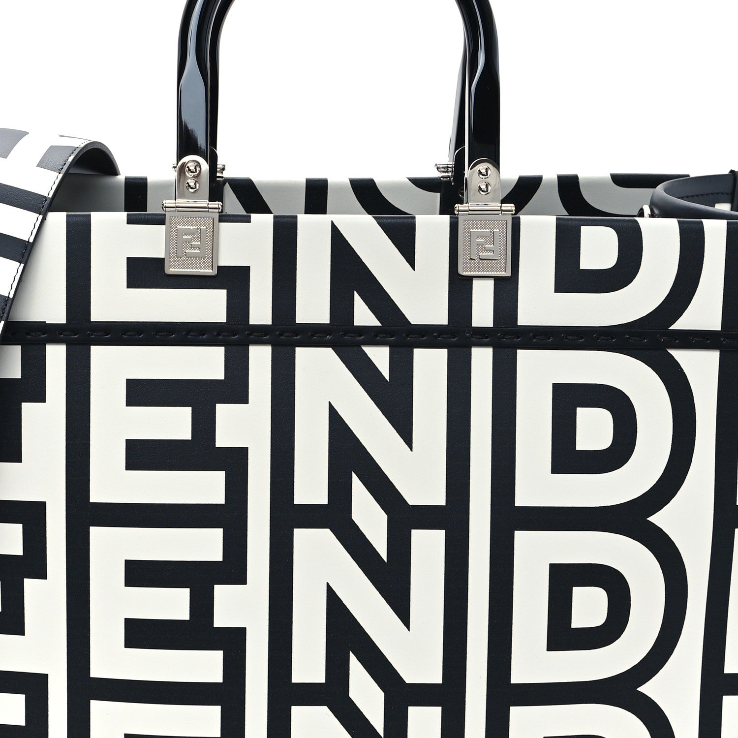 Fendi X MARC JACOBS Vitello King Logo Print Medium Fendi Sunshine Shopper Tote Black White 8 of 10