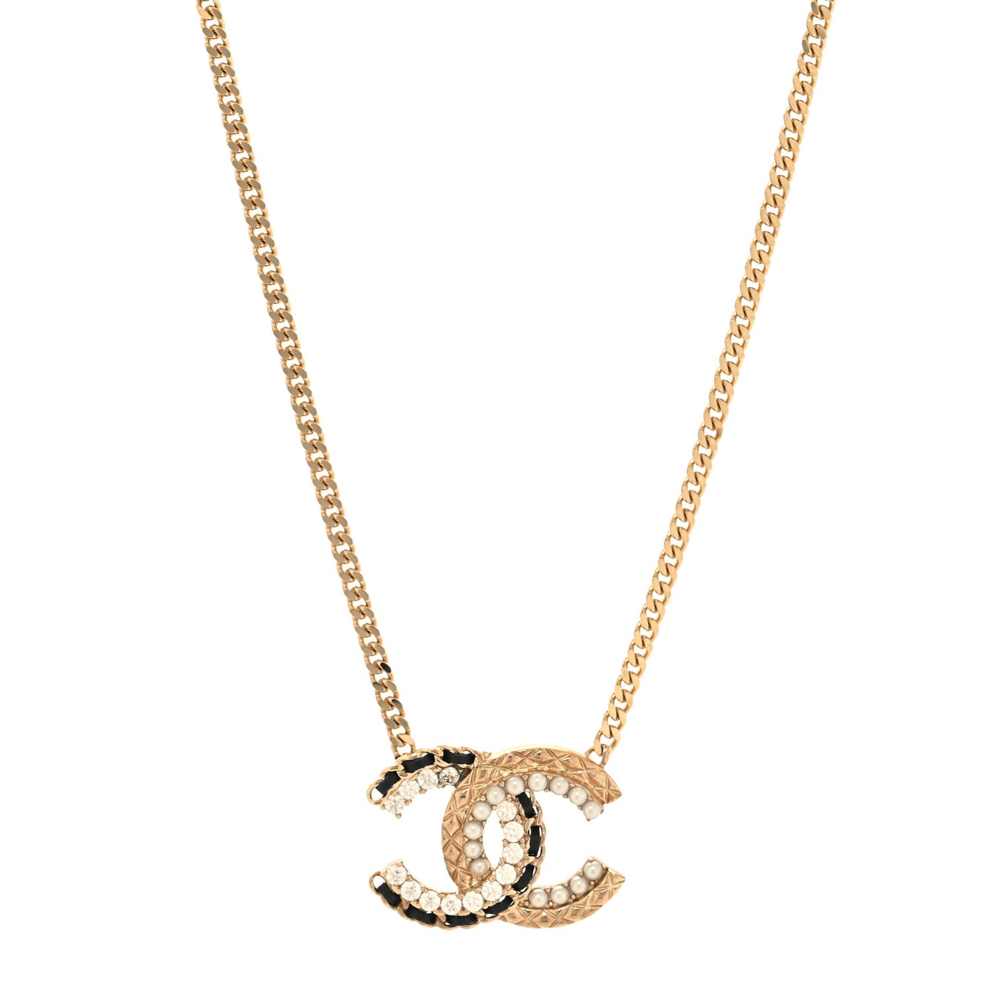 Metal Pearl Crystal Lambskin CC Chain Necklace Gold Black White