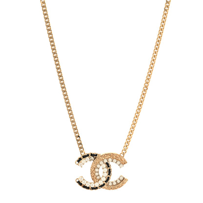 Chanel Metal Pearl Crystal Lambskin CC Chain Necklace Gold Black White 1 of 5