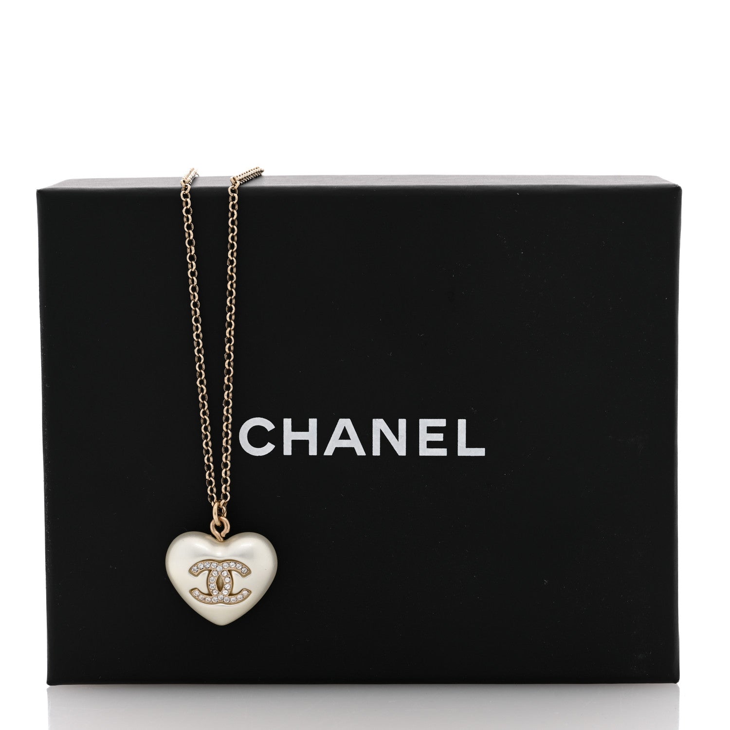 Chanel Resin Crystal CC Heart Necklace Pearly White Gold 5 of 5
