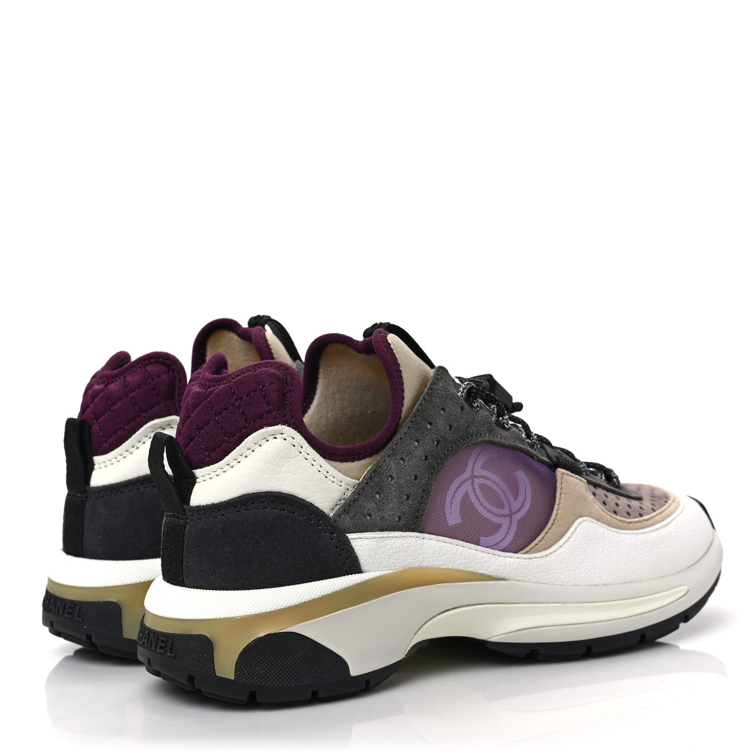 Chanel Fabric Suede Calfskin Mesh Womens CC Sneakers 37 White Grey Purple 4 of 8