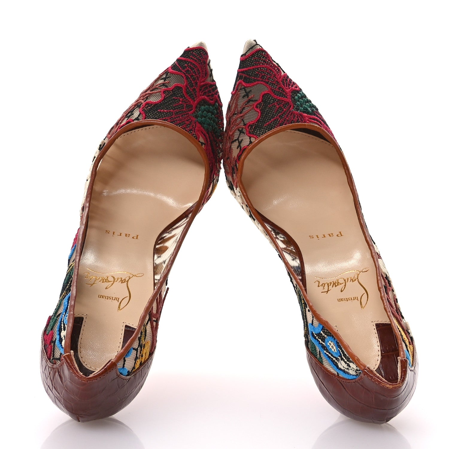 Christian Louboutin Lace Calfskin Crocodile Embossed Follies 100 Pumps 37.5 Cuoio Multicolor 2 of 8