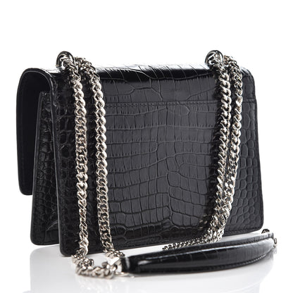 Saint Laurent Calfskin Crocodile Embossed Monogram Sunset Chain Wallet Black 3 of 7