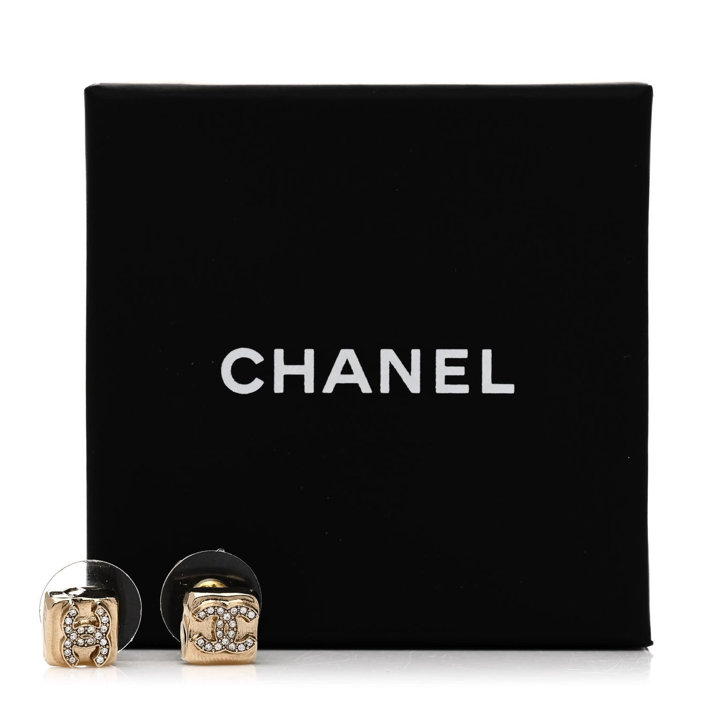 Metal Crystal Mini Square CC Earrings Gold