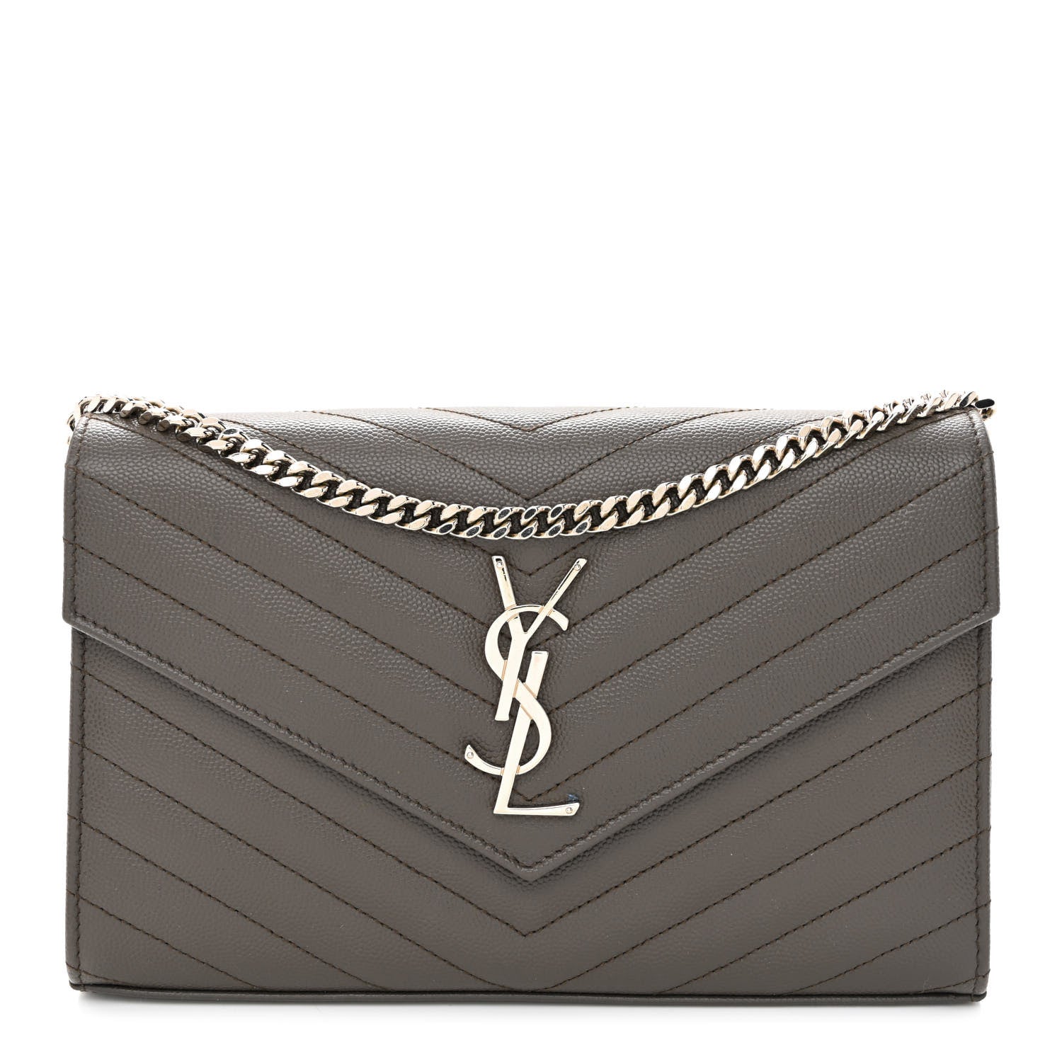Saint Laurent Grain De Poudre Matelasse Chevron Monogram Chain Wallet Fog 1 of 11