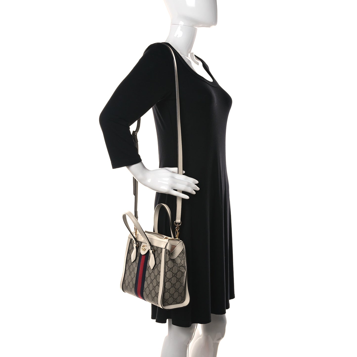 GG Supreme Monogram Textured Dollar Calfskin Web Small Ophidia Tote Bag Beige Ebony Mystic White