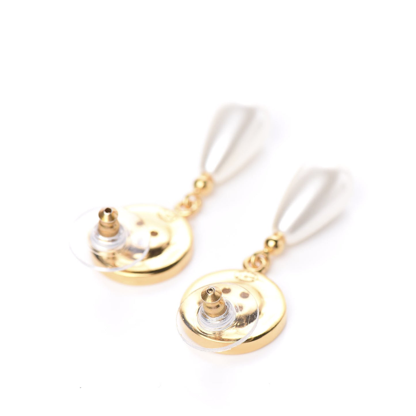Metal Pearl Button Drop Earrings Gold