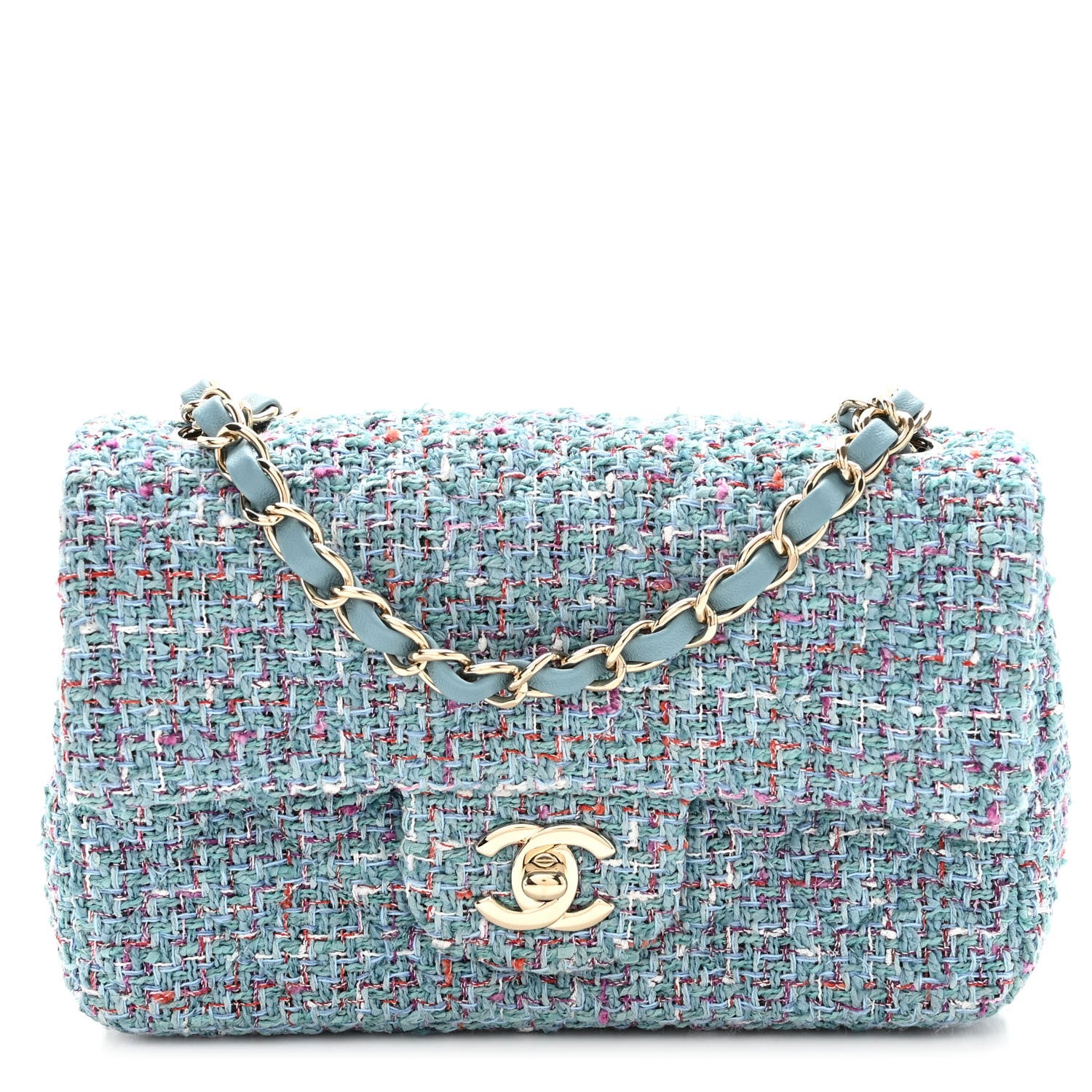 Chanel Tweed Quilted Mini Rectangular Flap Turquoise Purple White Red 1 of 11