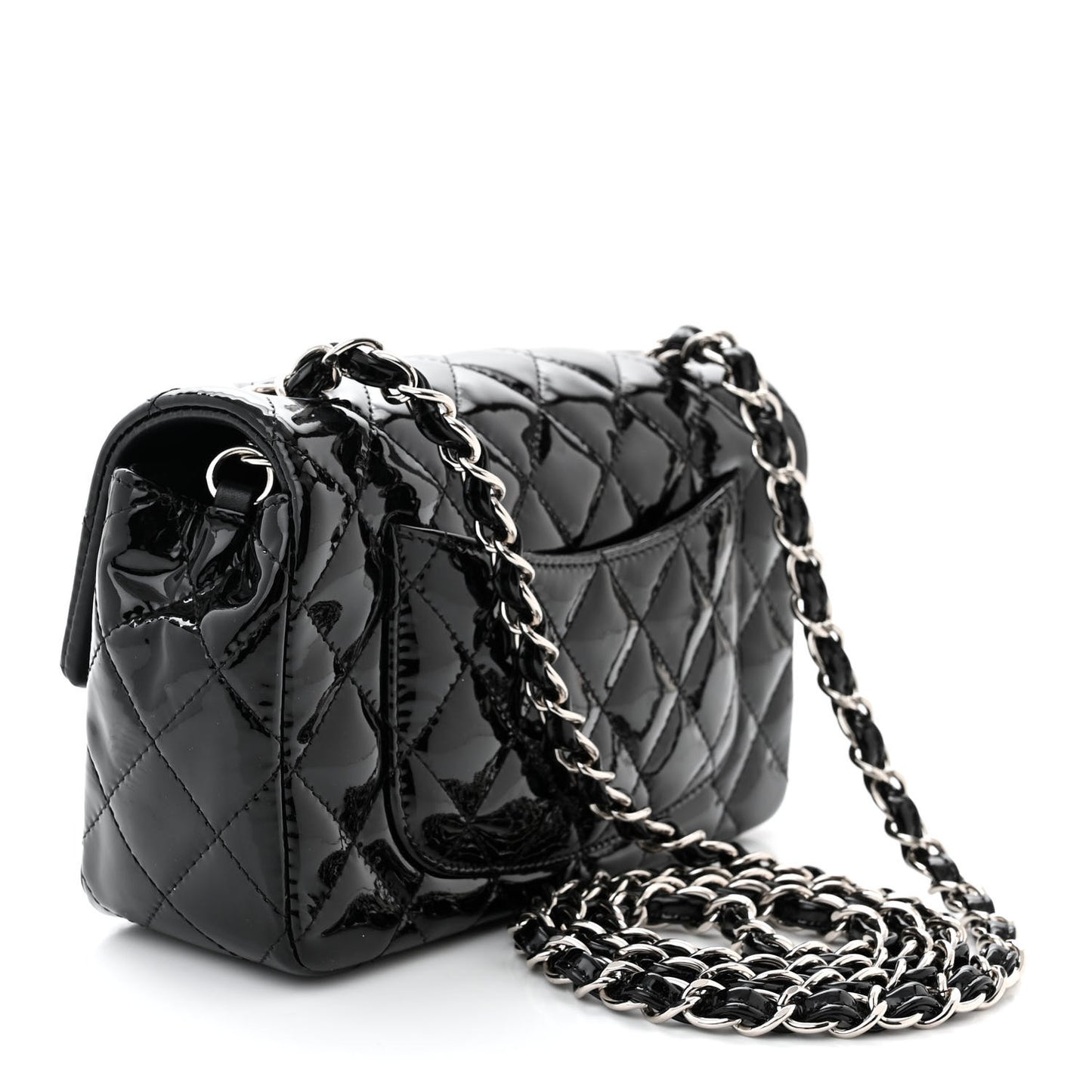 Patent Calfskin Quilted Mini Rectangular Flap Black