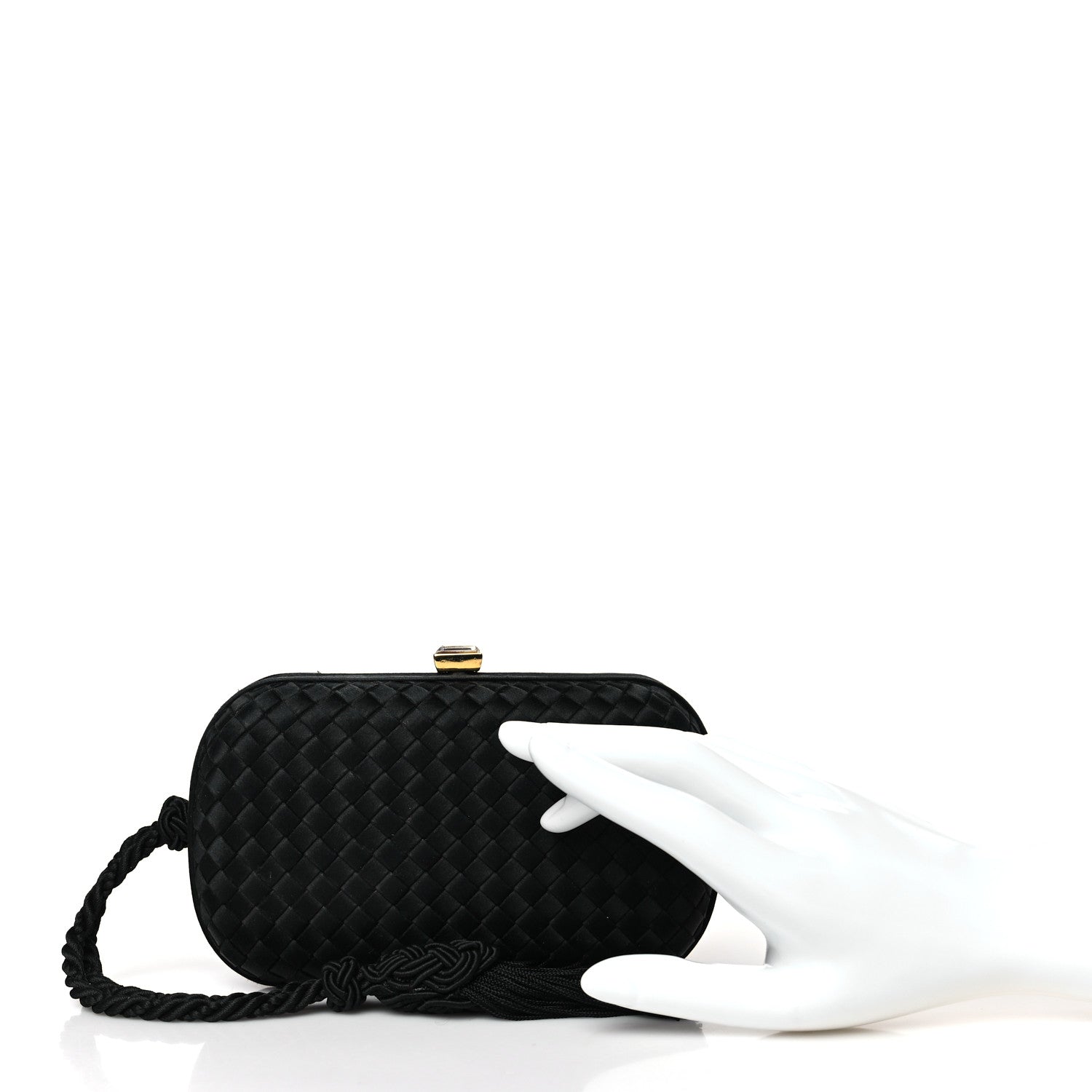 Bottega Veneta Satin Crystal Intreccio Tassel Clutch Black 2 of 9