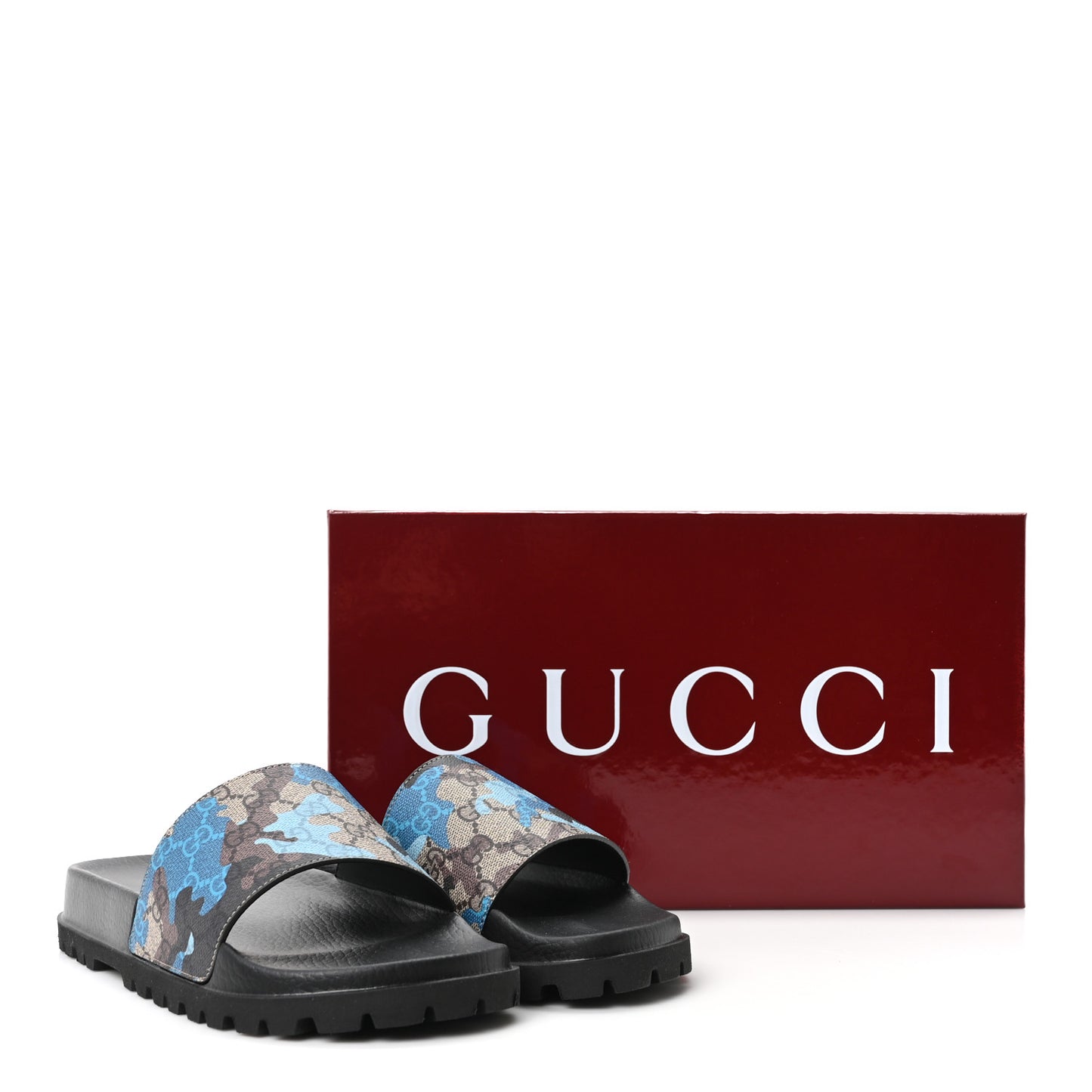 GG Supreme Monogram Camouflage Mens Lug Sole Slide Sandals 7 Blue Multicolor
