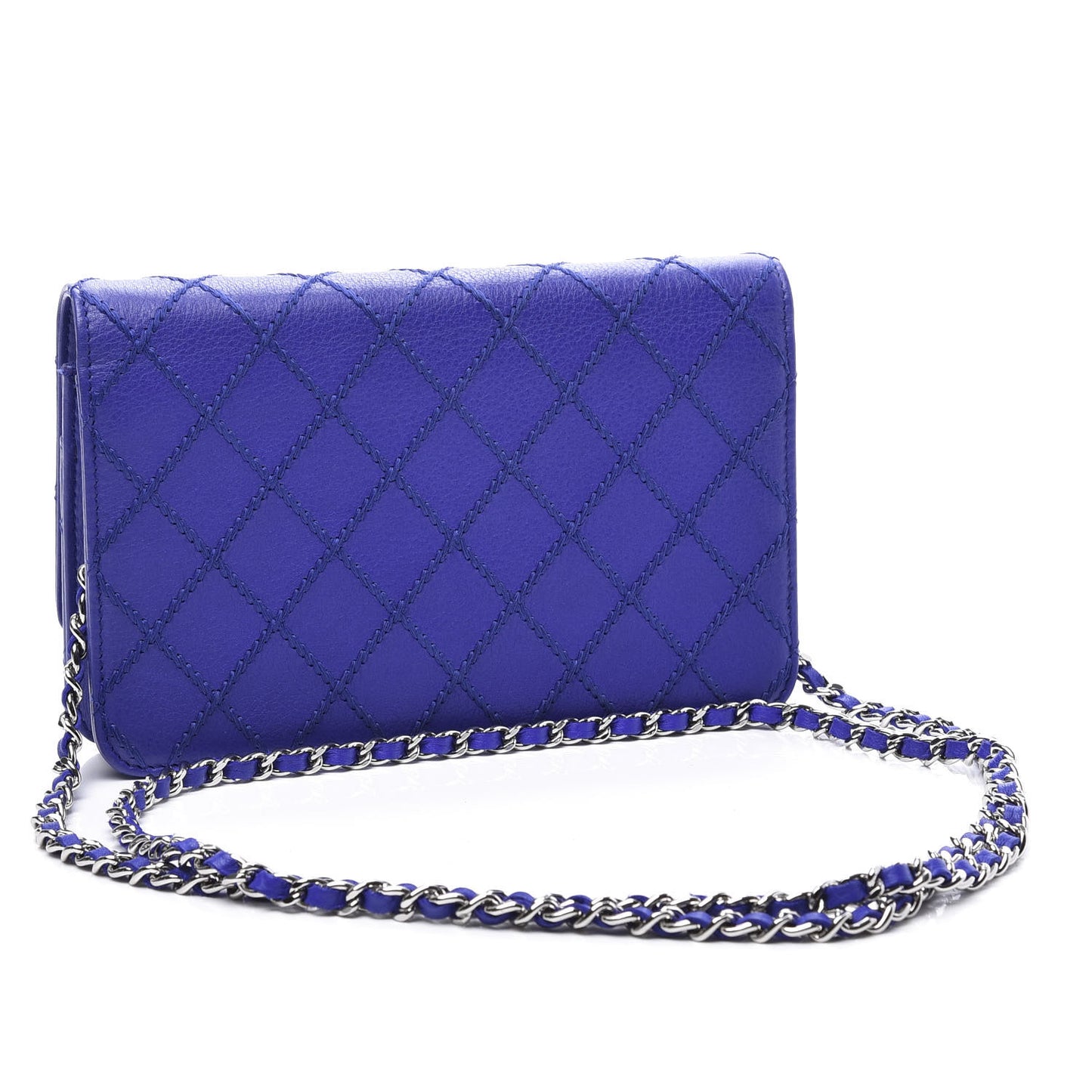 Calfskin Quilted Fancy CC Wallet On Chain WOC Blue