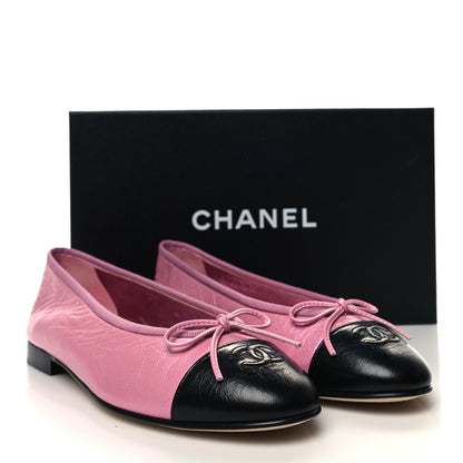 Chanel Laminated Crumpled Lambskin Cap Toe CC Ballerina Flats 39.5 Pink Black 10 of 10