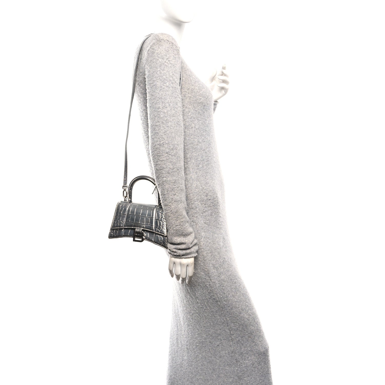 Balenciaga Metallic Calfskin Crocodile Embossed Hourglass Top Handle Bag XS Silver 2 of 10