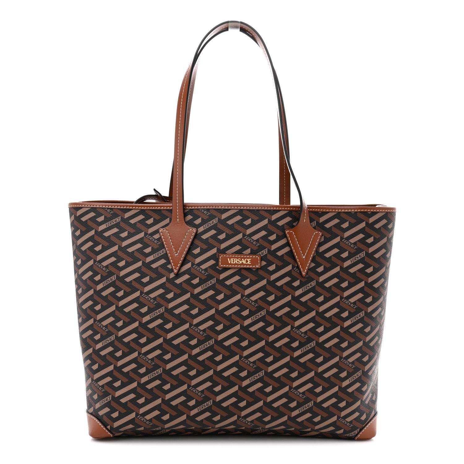Versace Coated Canvas Calfskin La Greca Signature Shopper Tote Bag Black Caramel 1 of 10