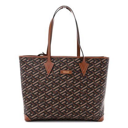 Versace Coated Canvas Calfskin La Greca Signature Shopper Tote Bag Black Caramel 1 of 10